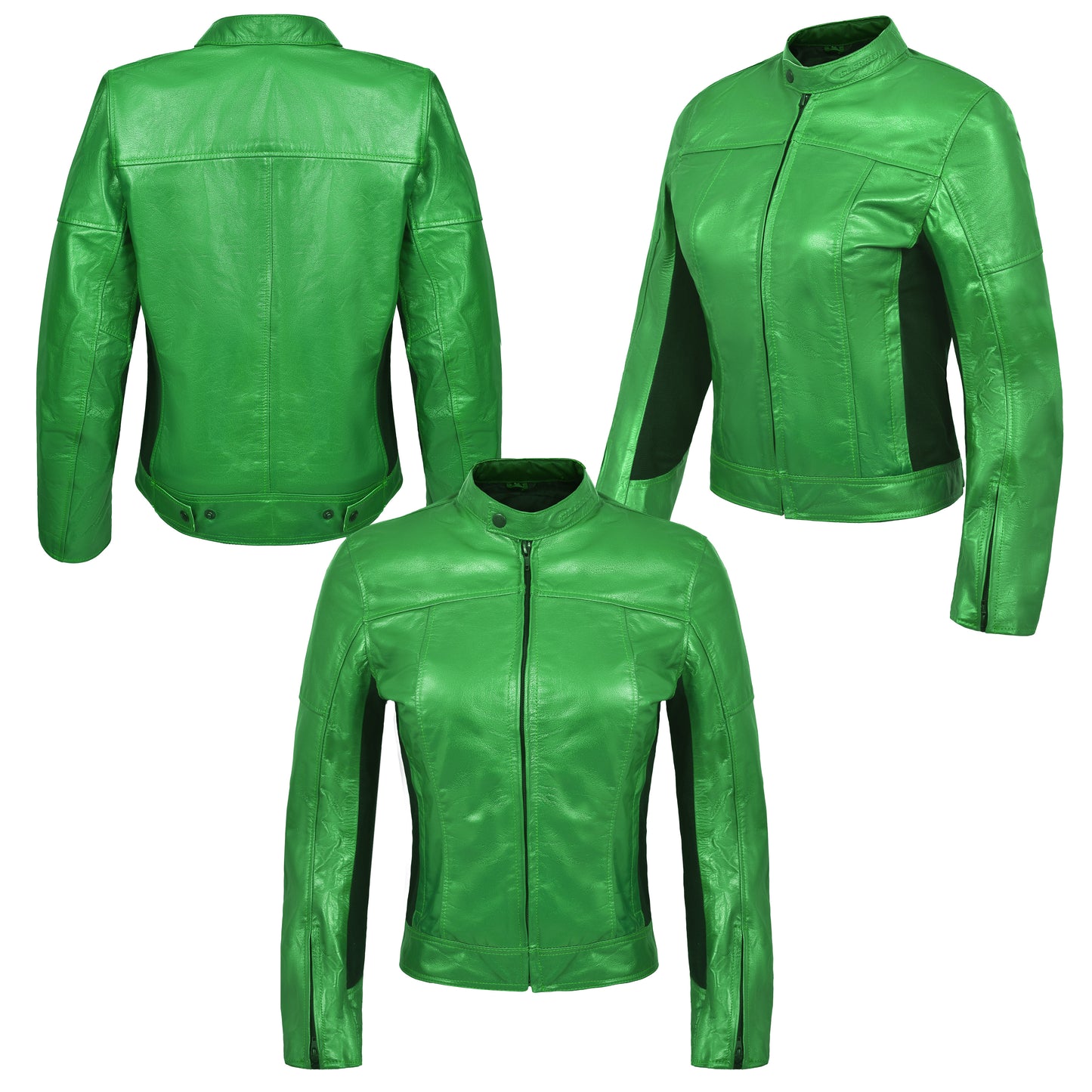 GIACCA DA MOTO DONNA MOD 'ESSENT' IN VERA PELLE CON PROTEZIONI E PARASCHIENA - VERDE FLUO