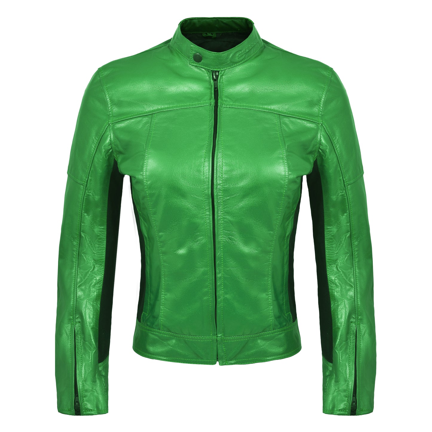 GIACCA DA MOTO DONNA MOD 'ESSENT' IN VERA PELLE CON PROTEZIONI E PARASCHIENA - VERDE FLUO